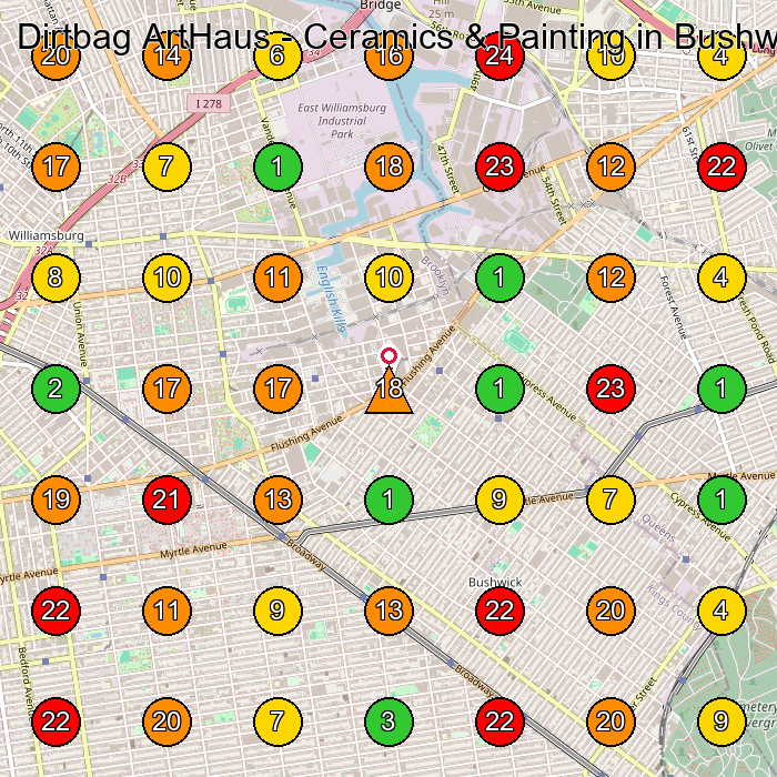 Dirtbag ArtHaus - Ceramics & Painting in Bushwick Pottery Classes GeoGrid ranking map for Brooklyn NY
